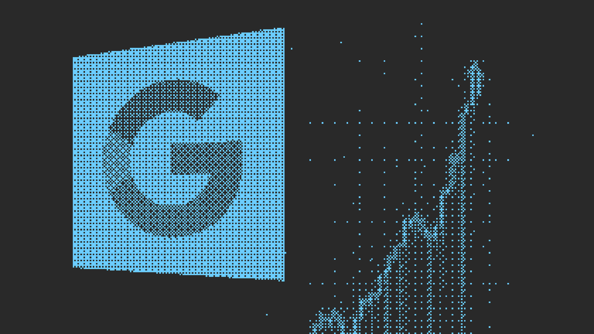 Il logo di Google a dithering azzurro accanto a un grafico in crescita, su fondo scuro