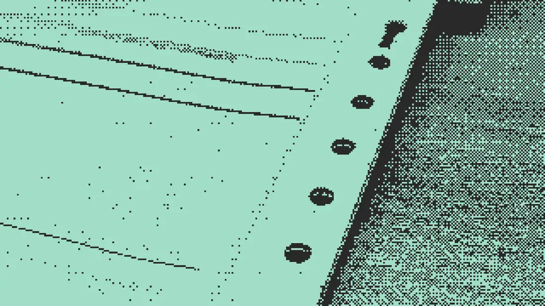 Black dithered lines and dots on a mint green background, with a row of ovals climbing toward an exclamation mark