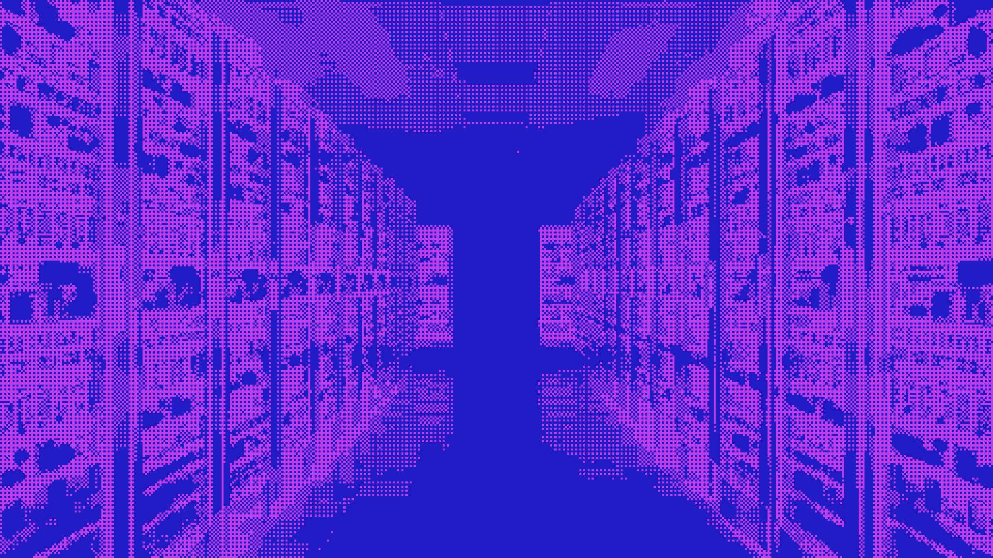 Un corridoio di rack in un data center, a dithering viola e blu