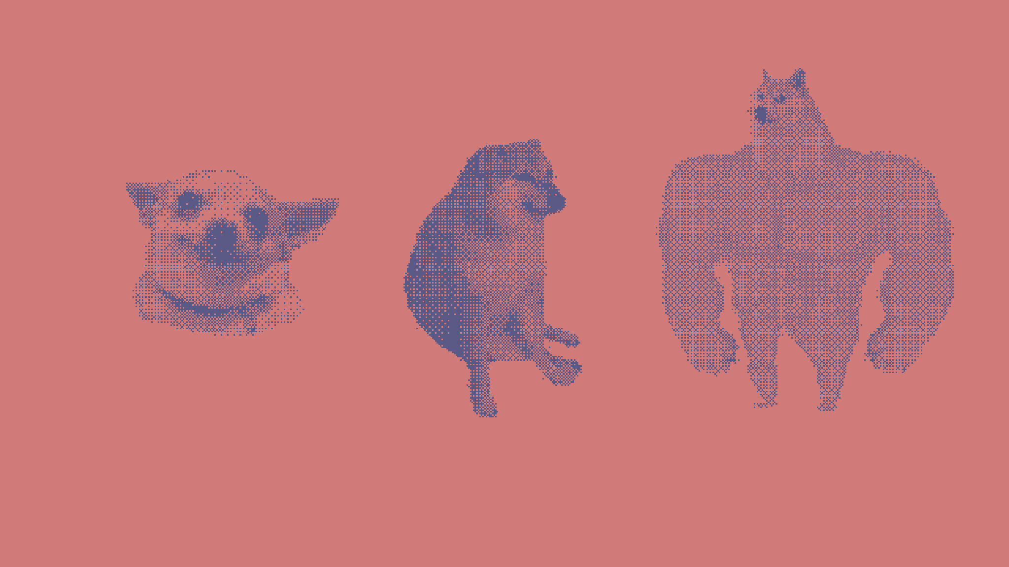 Swole Doge vs. Cheems: tre cani di taglia crescente a dithering blu su fondo rosa